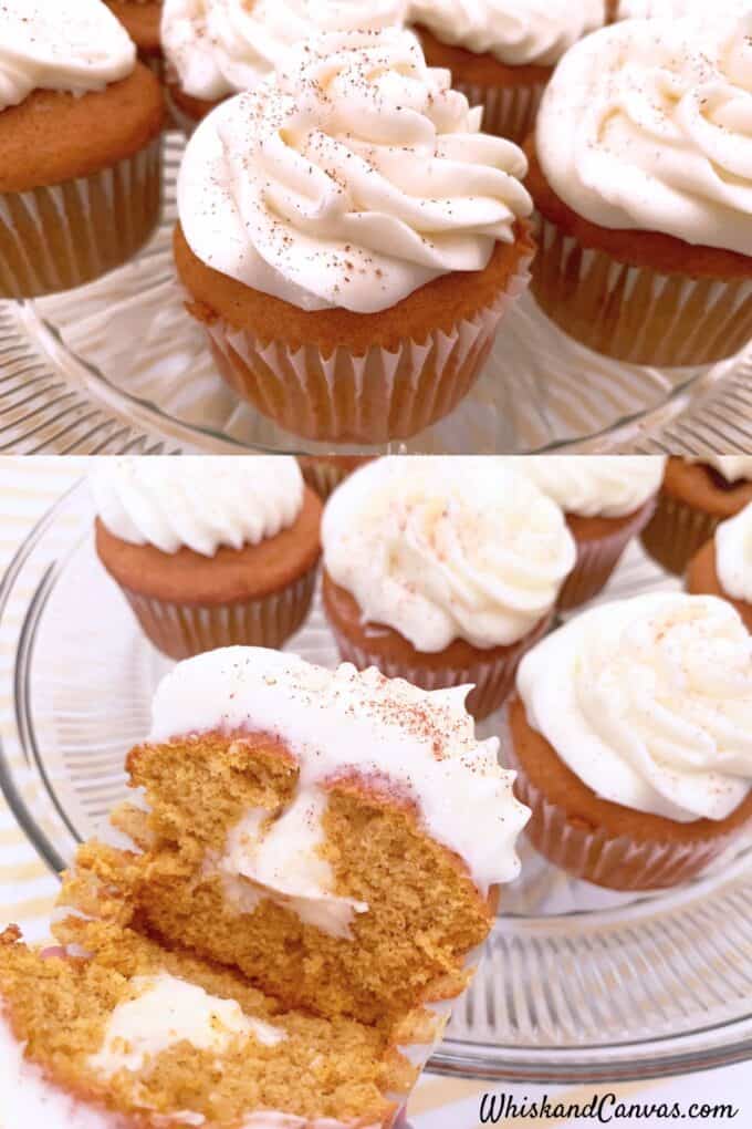 Easy, moist, and delicious Pumpkin White Chocolate Chip Cupcakes! This cupcake recipe is perfect for fall! Pumpkin White Chocolate Chip Cupcakes on a platter.