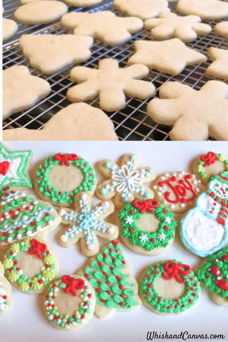 Photo of cookies on a cooling rack as well as cookies after decorating.