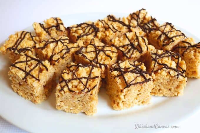 Peanut Butter Rice Krispies Treats on a platter.