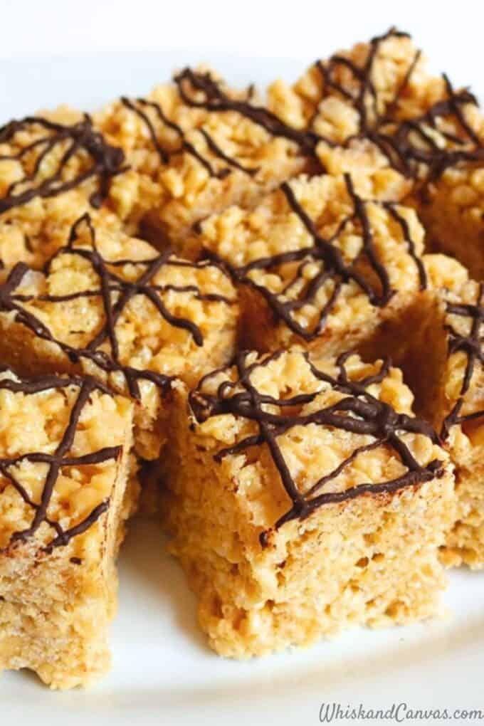 Platter of Peanut Butter Rice Krispies Treats.